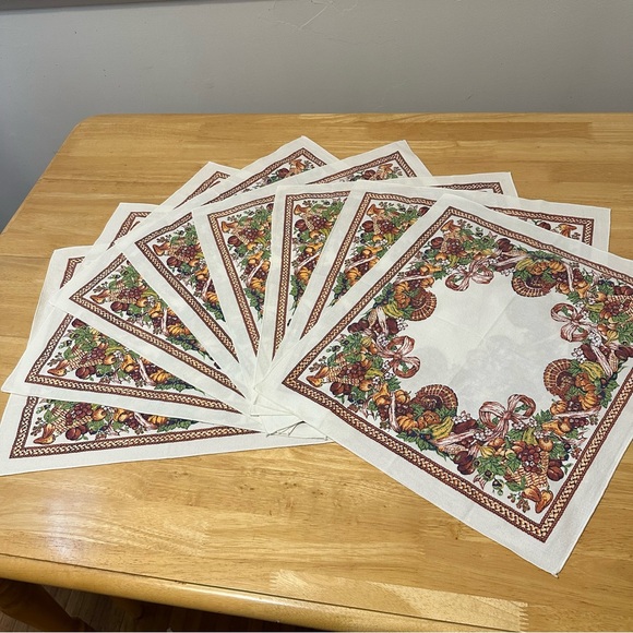 Other - Vintage Thanksgiving / Fall Set Of 8 Dinner Napkins Turkey Pumpkins Cornucopia